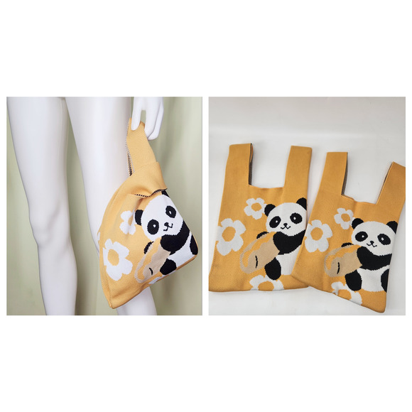 Lot Of 2 Panda Knitted Tote Hand Mini Bag Yellow Kawaii Travel Casual Whimsical - Picture 2 of 9